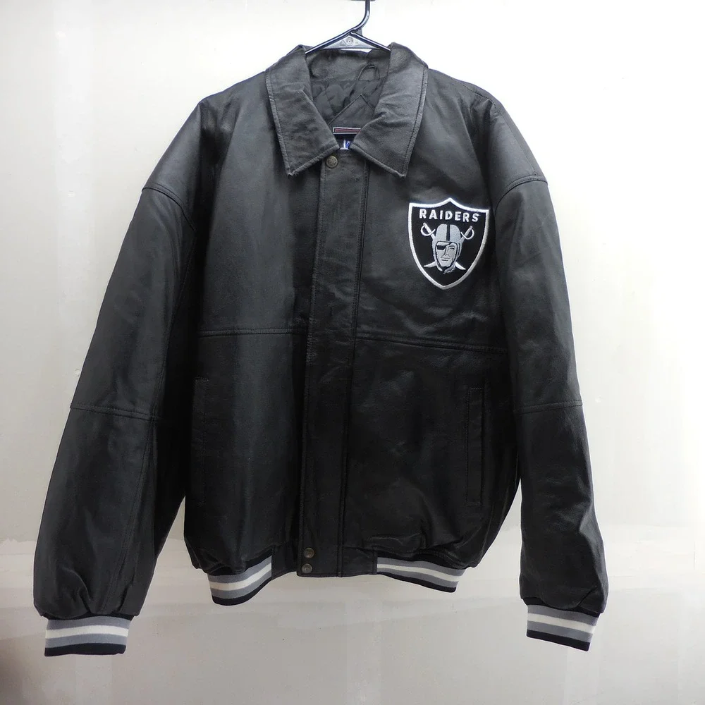 NFL Game Day Raiders Genuine Leather Bomber Jacket Black Embroidered Mens M